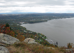Village of Cornwall, on the west side of the Hudson River, from the viewpoint on the Stillman Trail just beyond the summit of Storm King Mountain. Photo by Daniel Chazin.