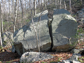 Split boulder at brook crossing