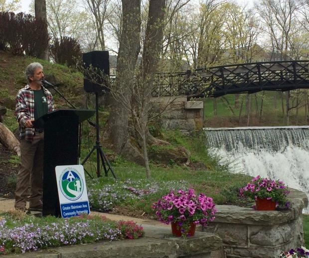 Steve Weissman speaks at the Blairstown Appalachian Trail Community inaugural event beside Blair Falls. Photo by Peter Dolan.