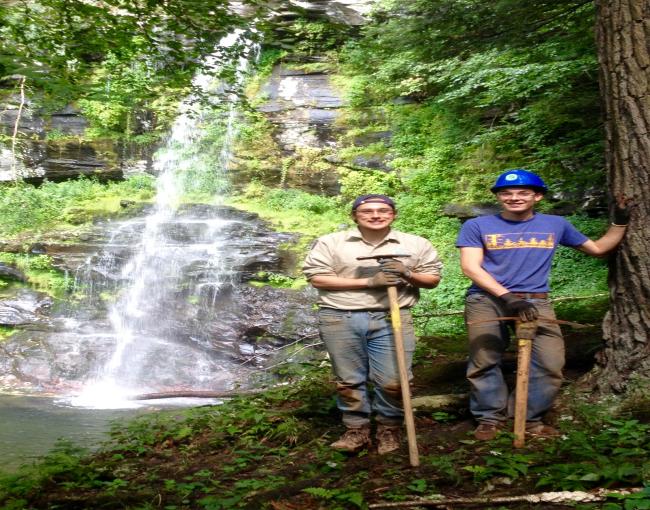 Trail crew members wearing property safety equipment at Platte Clove Preserve in the Catskills. Photo by Sona Mason.